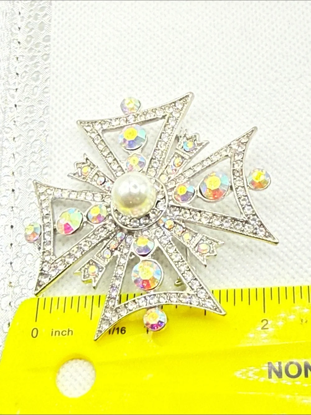 High end Vintage Aurora Borealis pave rhinestone  Cross Brooch faux Pearl Center